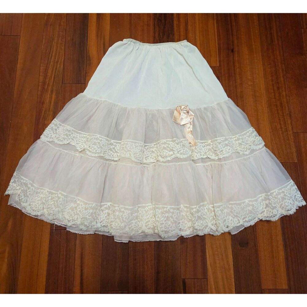 Vintage 1950s 1960s Tiered Tulle Petticoat Slip Lace Trim Satin Bow Fairycore